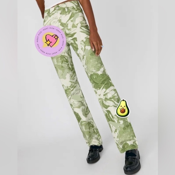 NWT Reformation Marble High Waisted Straight Leg Jeans Green Swirl 25 - Picture 2 of 6